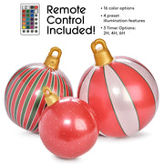 Inflatable Christmas ornaments with remote control and color options on a white background